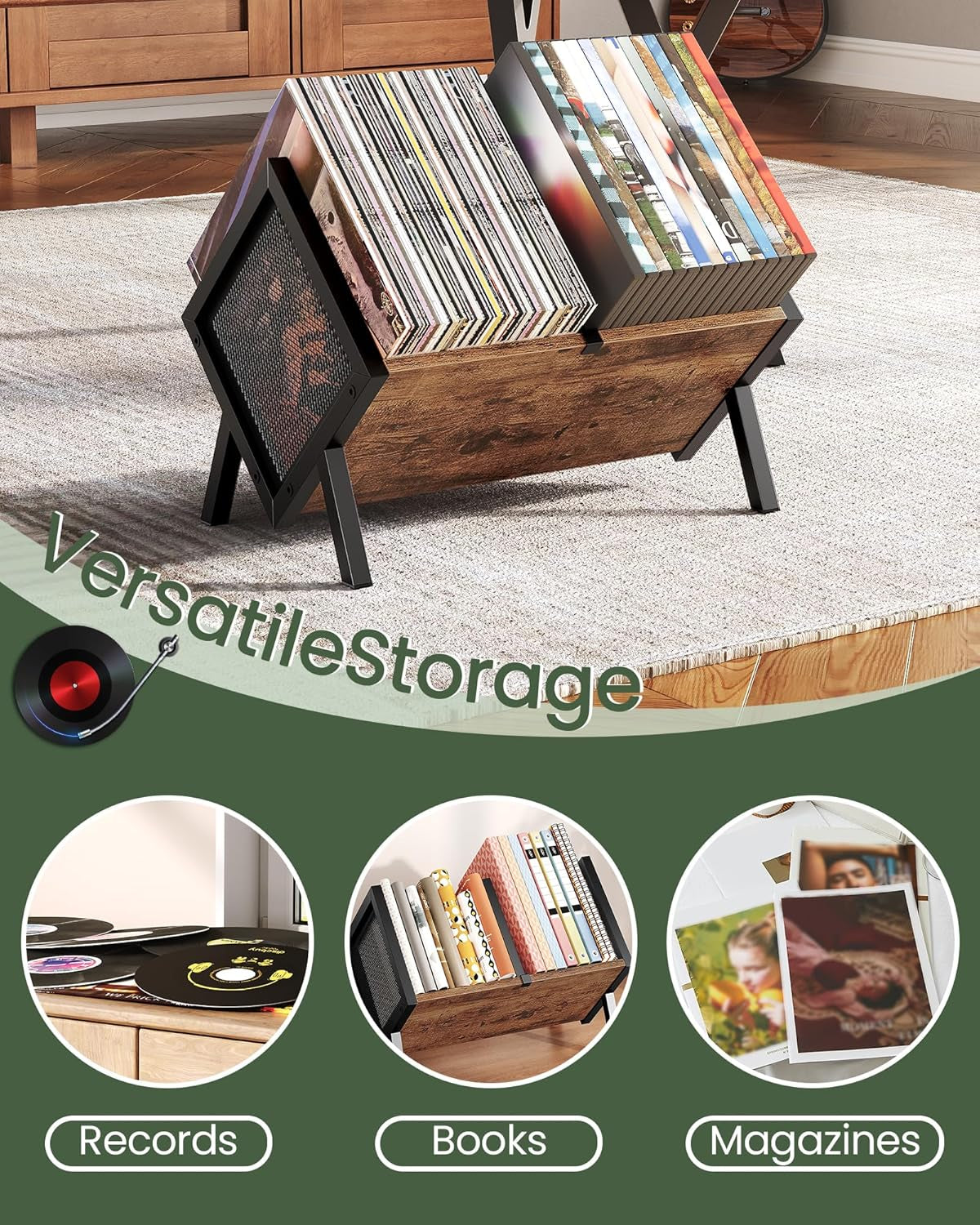 Vinyl Record Holder, Vinyl Record Storage Rack, Album Display Rack, Versatile Storage Shelf, Album Organizer, for Magazine, Files, Book, Rustic Brown Black TCW01BF