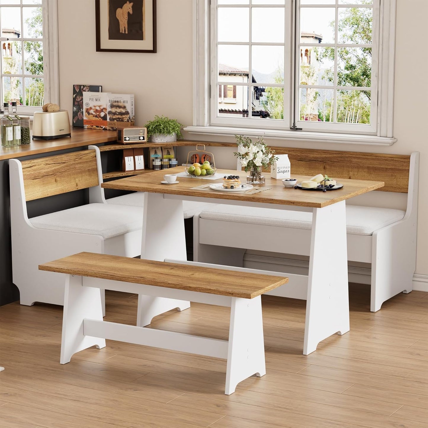 Corner Breakfast Nook Table Set with Cushion, L-Shape Kitchen Dining Table with Bench, Farmhouse Wood Breakfast Nook Bench with Hidden Storage,White & Brown