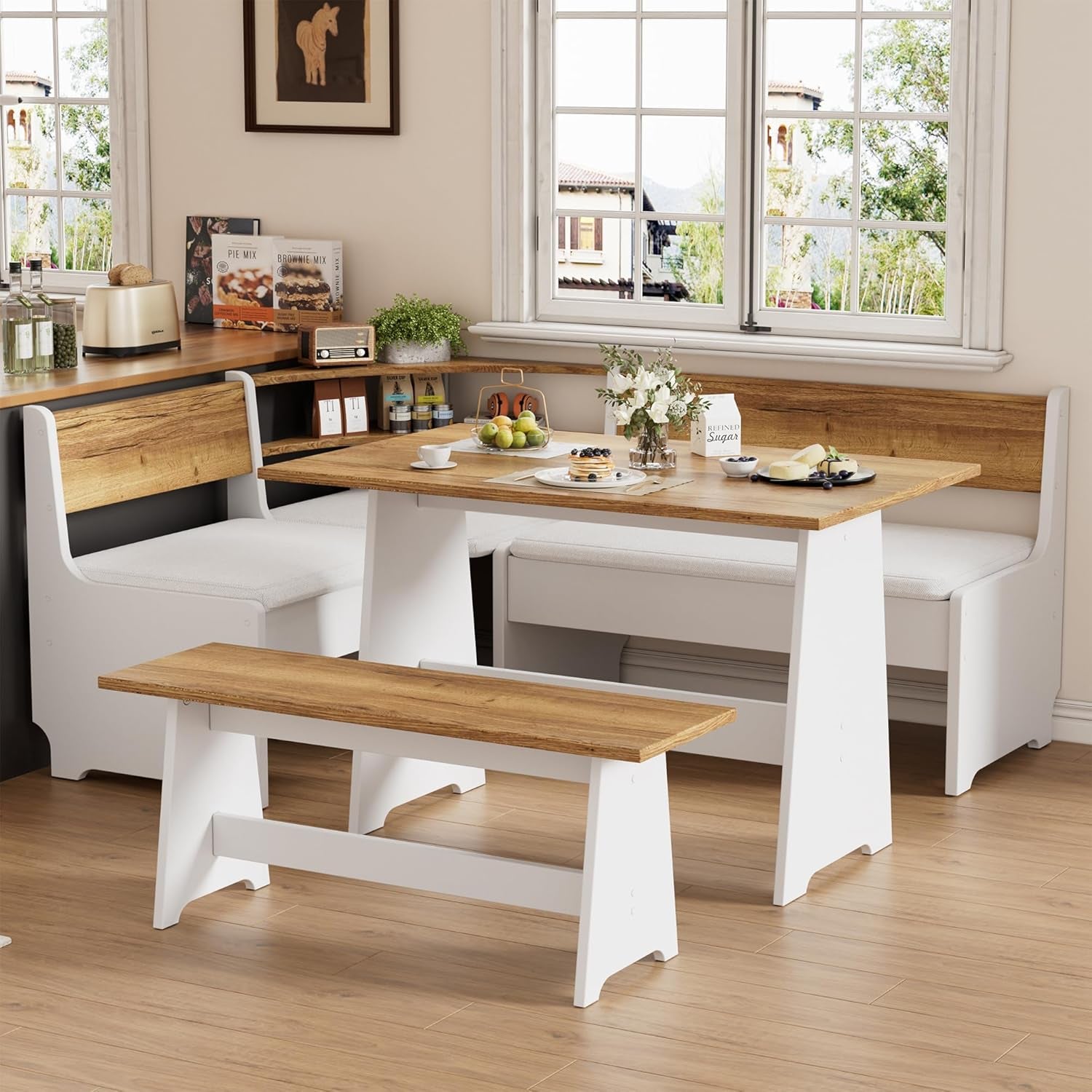 Corner Breakfast Nook Table Set with Cushion, L-Shape Kitchen Dining Table with Bench, Farmhouse Wood Breakfast Nook Bench with Hidden Storage,White & Brown