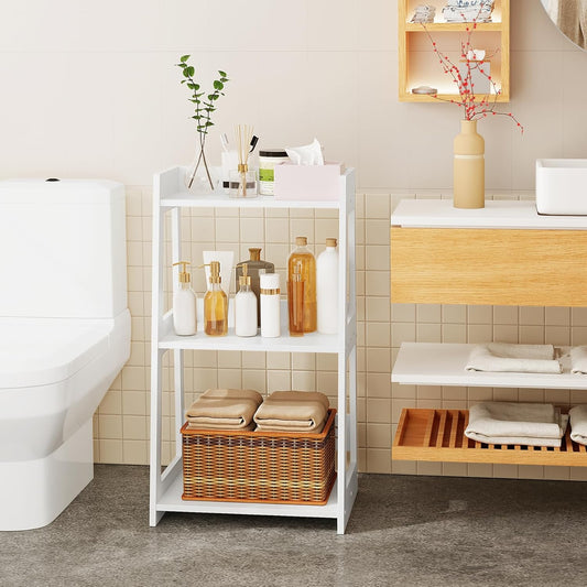 3-Tier Bathroom Ladder Shelf Freestanding, White Floor Shelves Open Shelving Unit, Small Bookshelf Nightstand for Home Study Laundry Room (11.8" D X 15.7" W X 27.6" H)