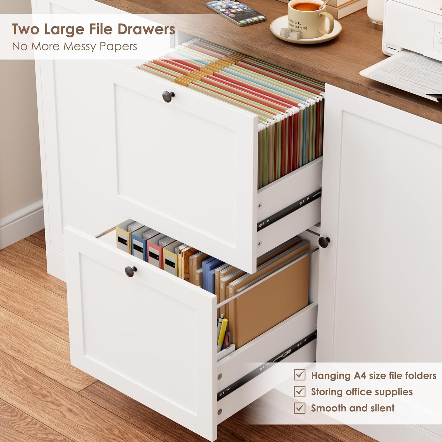 72'' Tall File Bookcase with Power Outlet & Printer Stand, 2 Drawer Filing Cabinets for Home Office Fit Hanging A4 File, Storage Cabinet W/ 3 Tier Open Book Shelf & Doors for Living Room, White