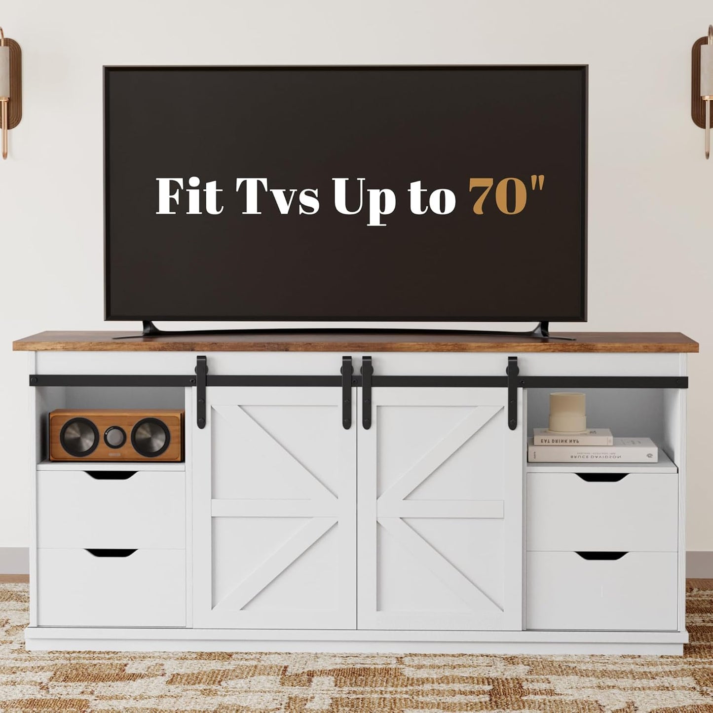 TV Stand for Televisions up to 65 Inchs, with Sliding Barn Doors and 4 Storage Drawers, Console Table and Media Furniture for Living Room, 58 Inch, Milk White