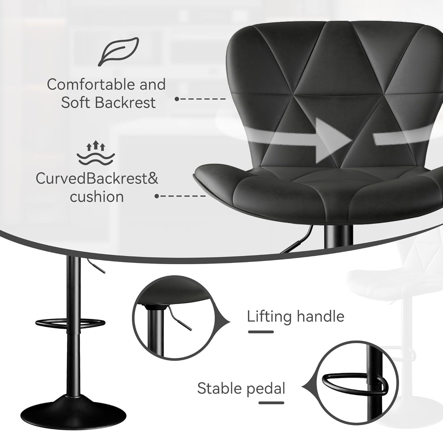 Bar Stools Set of 2,Adjustable Swivel Barstools, Faux Leather Bar Chairs,Upholstered Counter Height with High Backrest for Kitchen Island, Black