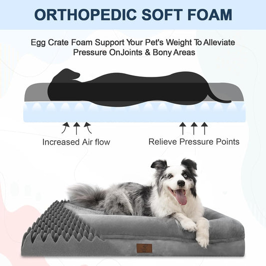 XL Orthopedic Dog Bed for Large Dogs, Big Waterproof Dog Bed with Removable Washable Cover, 4-Sides Removable Bolster Pet Couch Sofa with Non-Slip Bottom, Grey