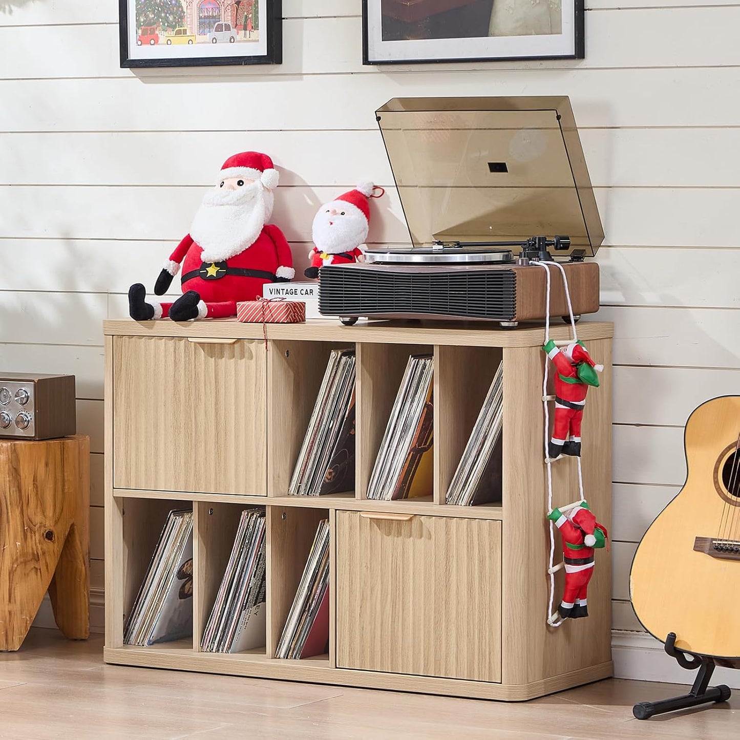 Large Record Player Stand with Vinyl Storage up to 450 Albums, Wood Fluted Boho Record Storage Accent Cabinet, Modern Stereo Media Cabinets, Wide Turntable Stand for Living Room, Natural Oak