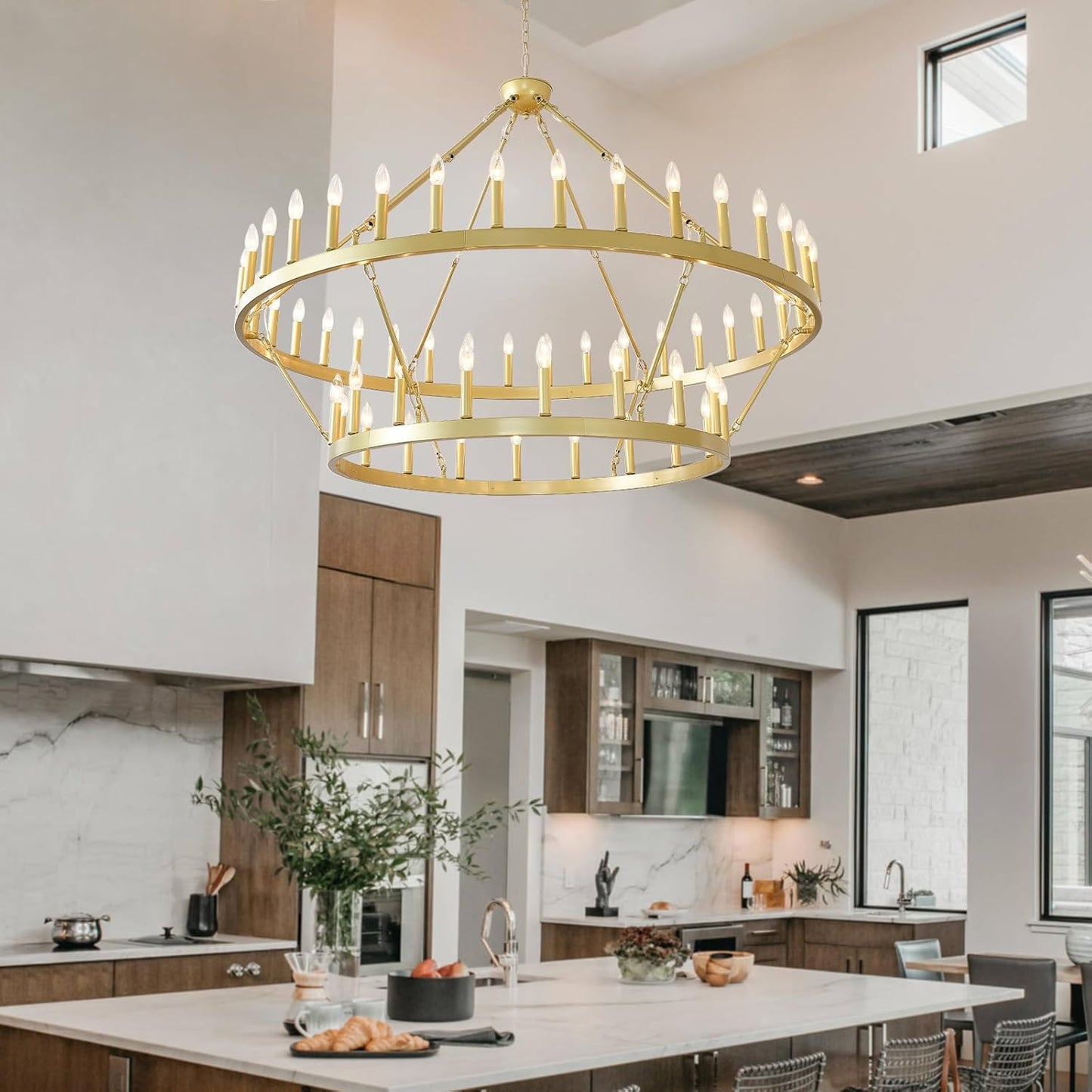 2 Tier Gold Wagon Wheel Chandelier 54-Light, 60 Inch Modern Large Foyer Lighting, Farmhouse Industrial Satin Gold Chandeliers for High Ceilings Dining Room Living Room Foyer Hall