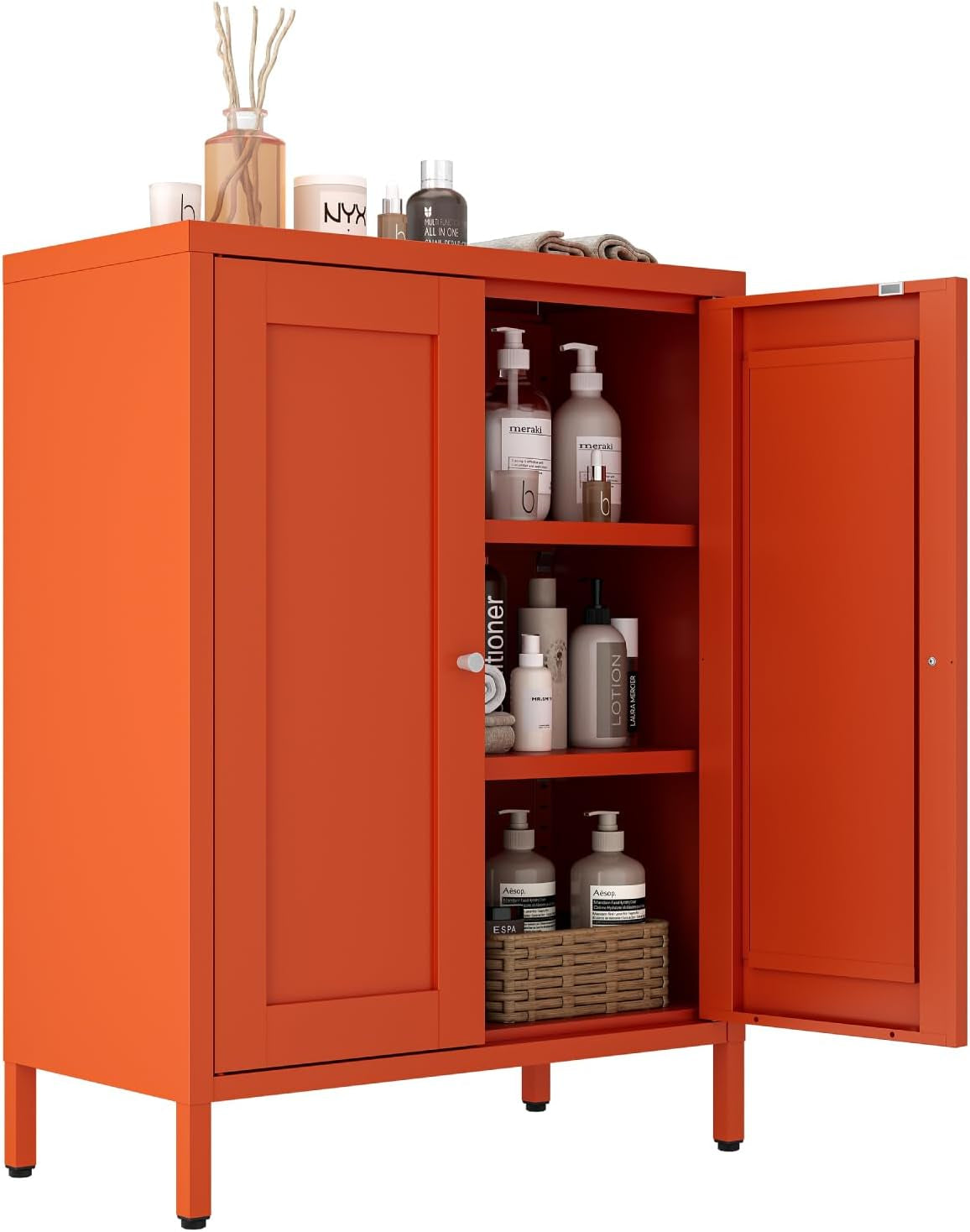Metal Bathroom Cabinet, Small Floor Storage Cabinet, Freestanding Sideboard with 2 Adjustable Shelves for Living Room, Dinging Room (Orange, 31.5" H-2 Doors)