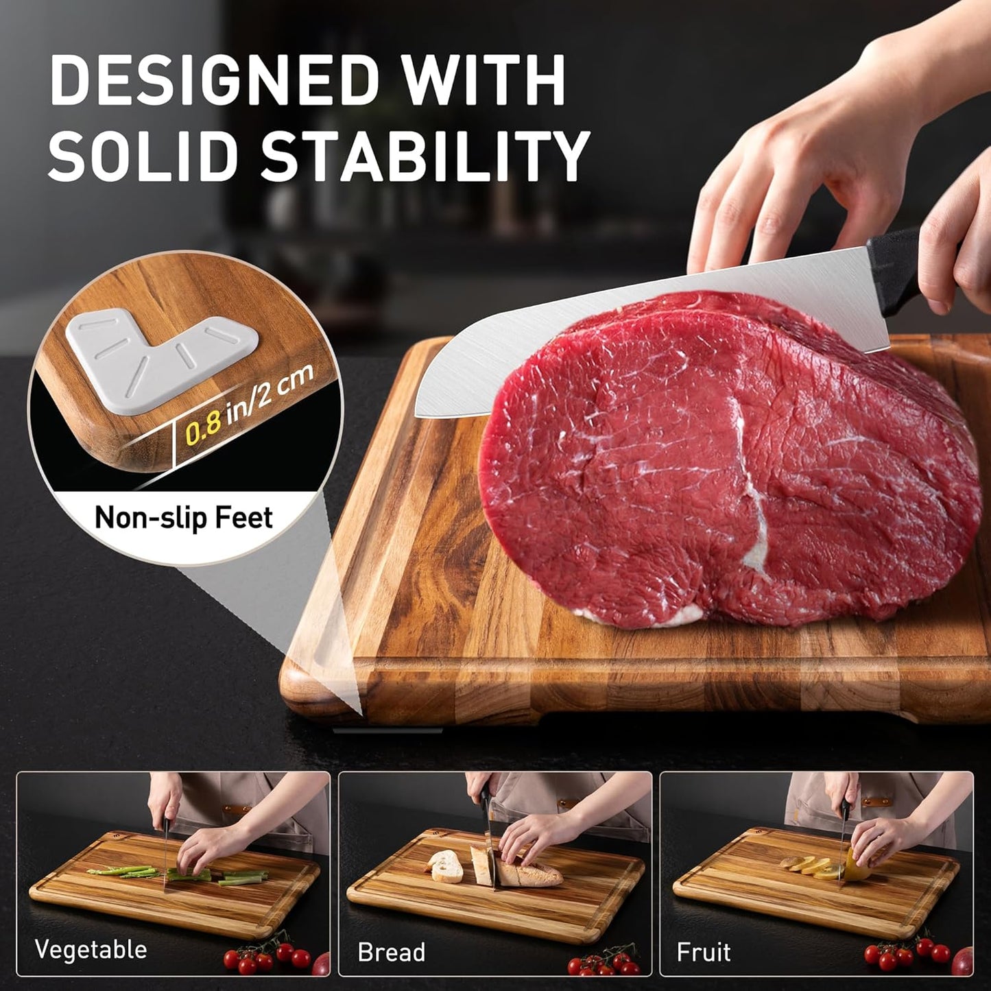 3 Pack Teak Wood Cutting Board Set for Kitchen Charcuterie Board Serving Heavy Duty Non Toxic Slip over Sink Solid Thick Haus Wooden Chopping Board Large Big Small Meat Best Kitchen Essential Gift