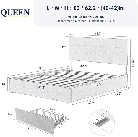 Upholstered Queen Size Platform Bed Frame with 4 Storage Drawers and Headboard, Square Stitched Button Tufted, Mattress Foundation with Wooden Slats Support, No Box Spring Needed, Light Grey