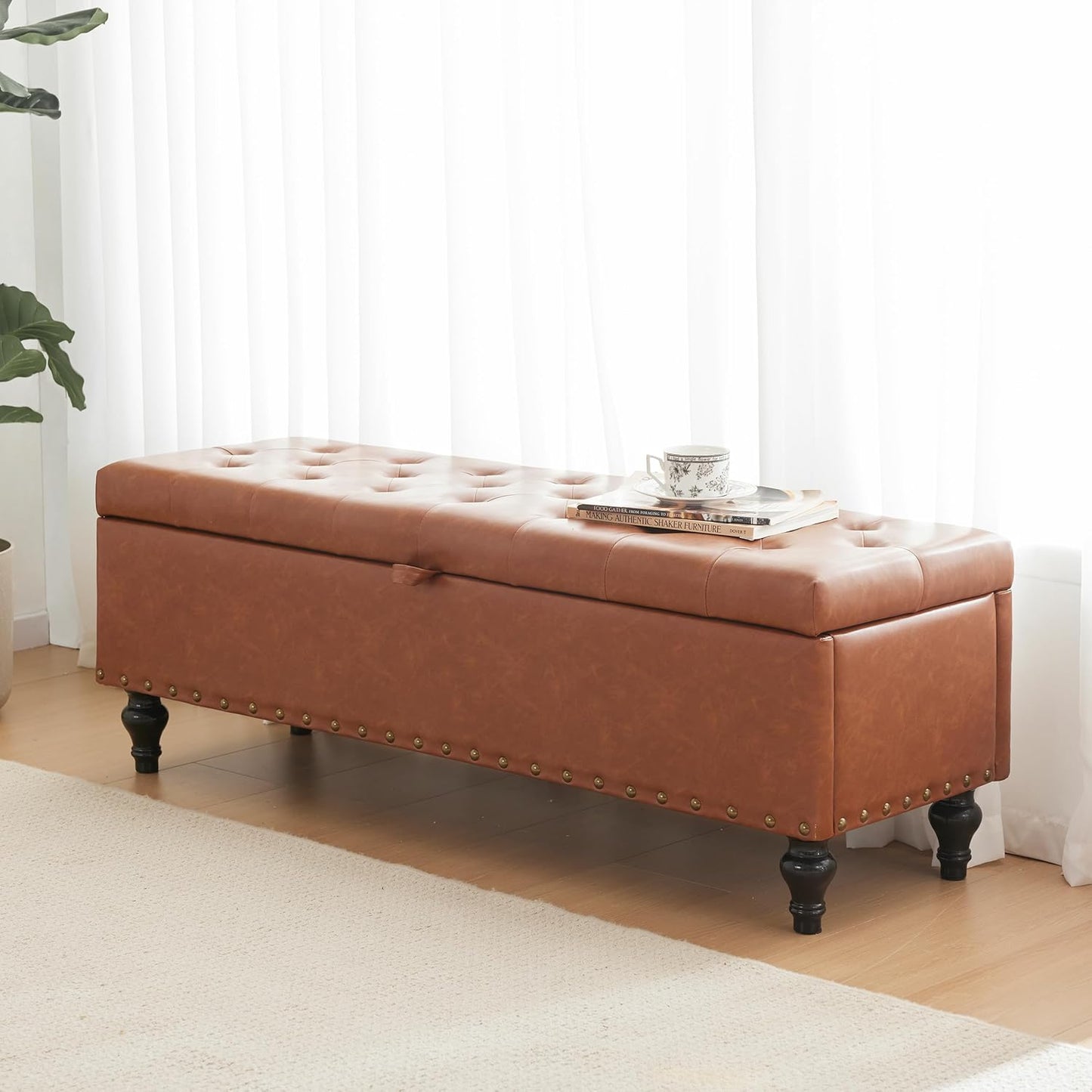 51.8’’ Storage Ottoman Bench, Faux Leather Ottoman with Storages, Window Benches Holds up to 330Lbs, Upholstered Storage Bench for Bedroom, Living Room, Entryway and Family Room, Light Gray