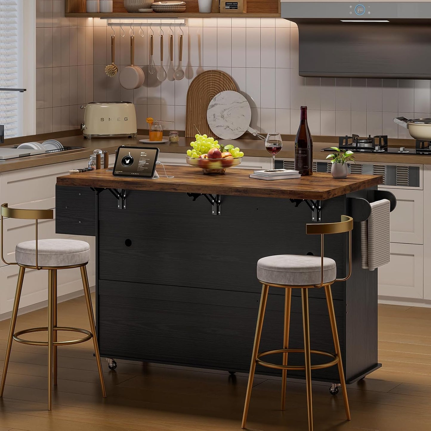 Rolling kitchen island with power outlet, drop leaf and spice rack, view 9