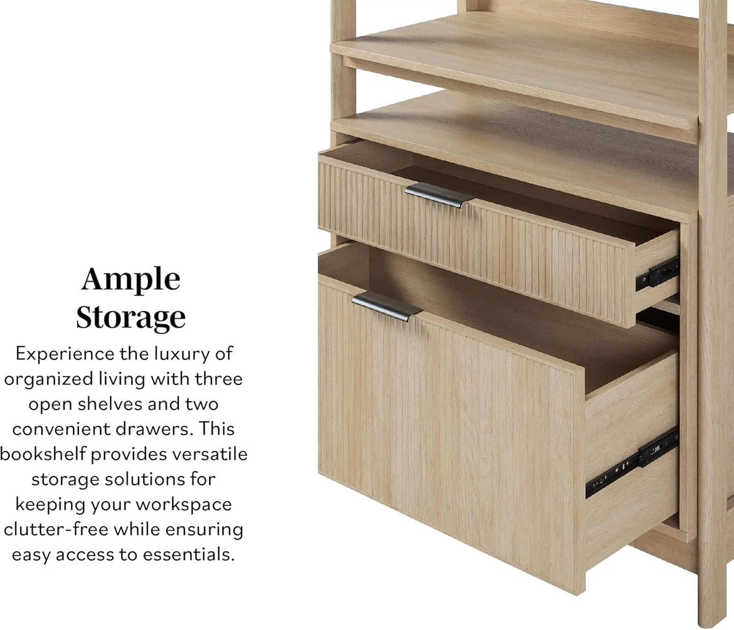 Transitional Open Reeded 4-Shelf Bookshelf with Drawers on Bottom, Versatile Bookcase with Bottom Storage for Home Office, Living Room, Bedroom, 33”W X 16.75”D X 70”H, Coastal Oak