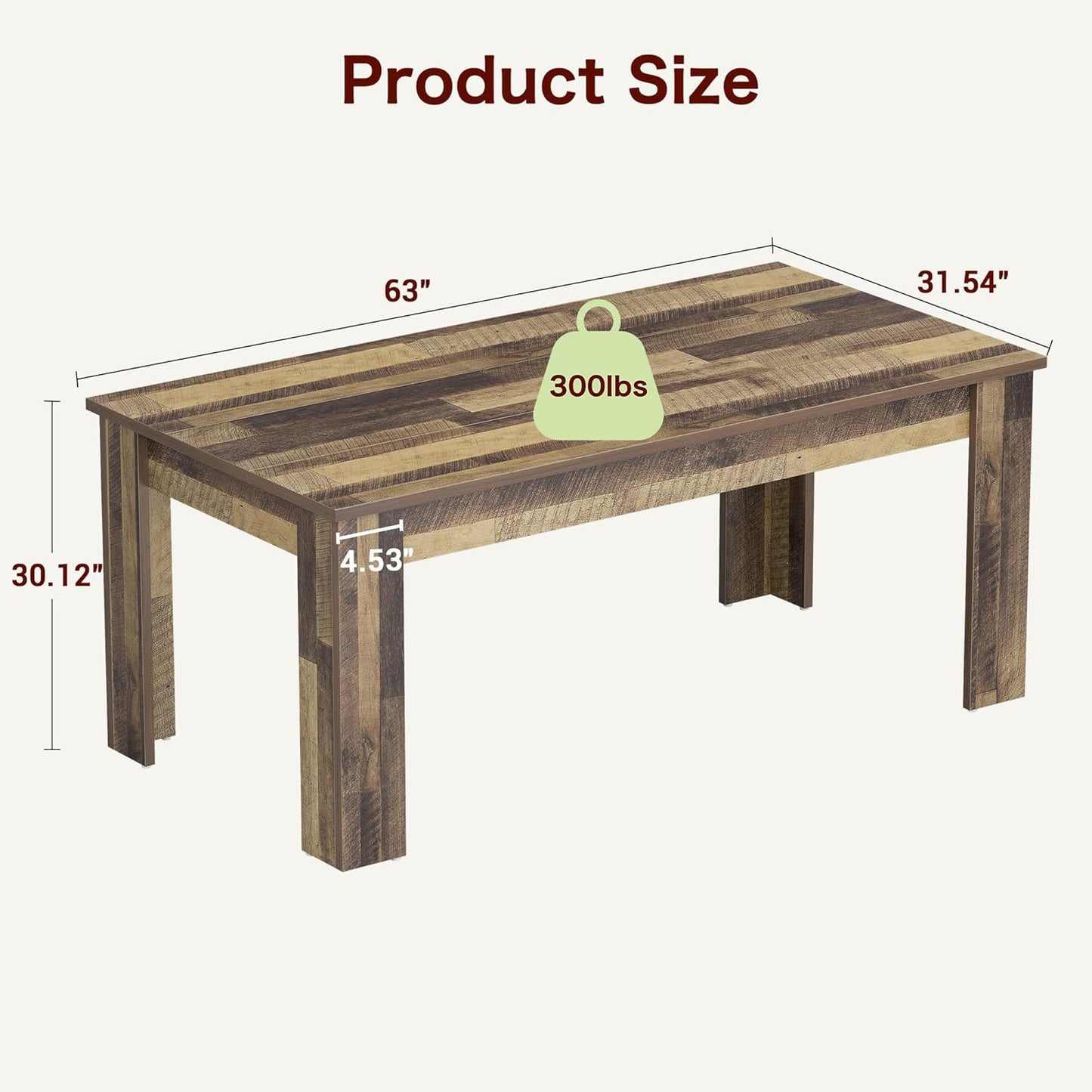 Dining Table for 4-6, 63" Inch Dining Tables for 4, Farmhouse Large Kitchen Dining Table, Rectangular Dining Room Table for Small Space, Wood Dinner Table for Kitchen, Apartment, Rustic Brown
