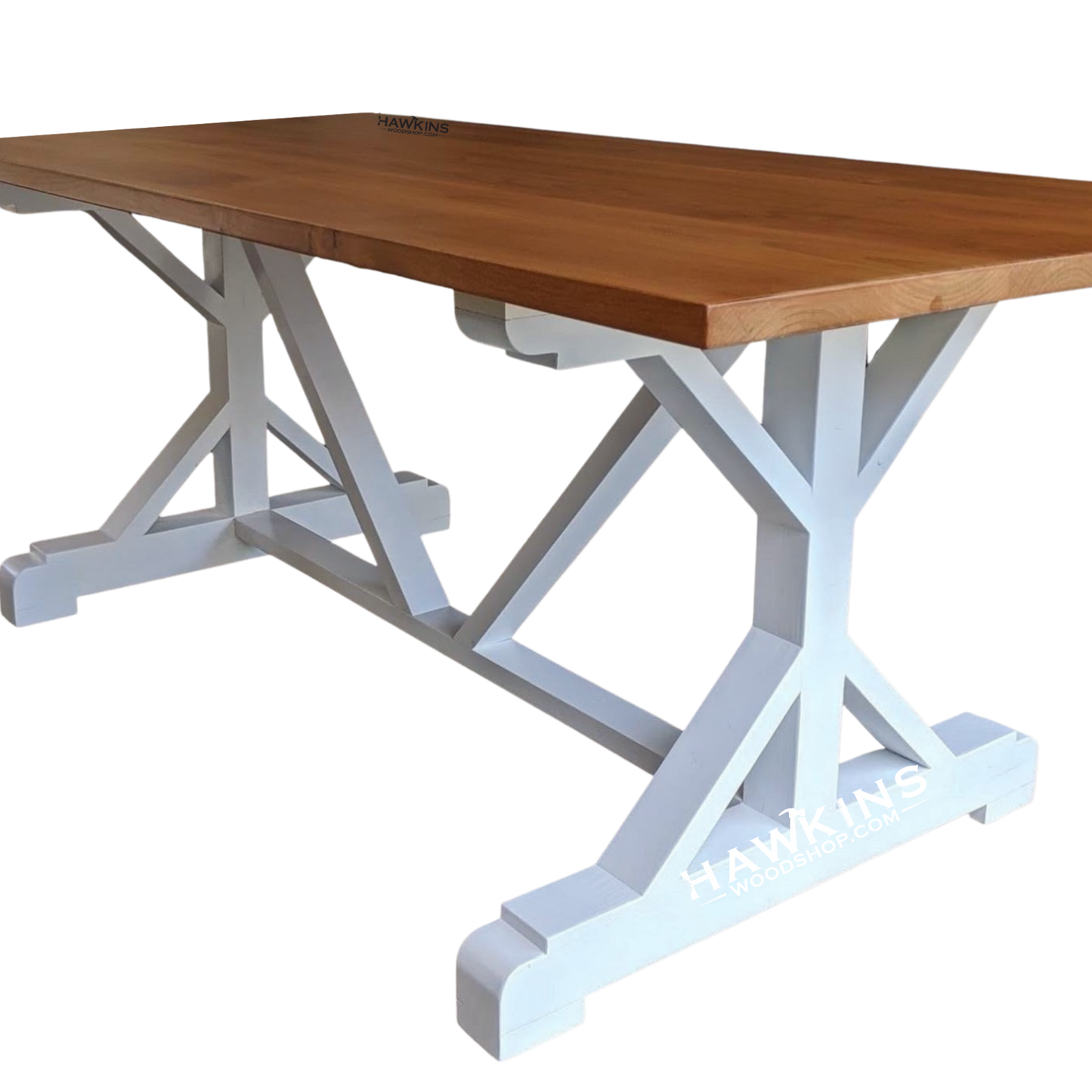 Trestle Farmhouse Dining Table with decorative X base, handcrafted solid wood table made in USA by Hawkins Woodshop