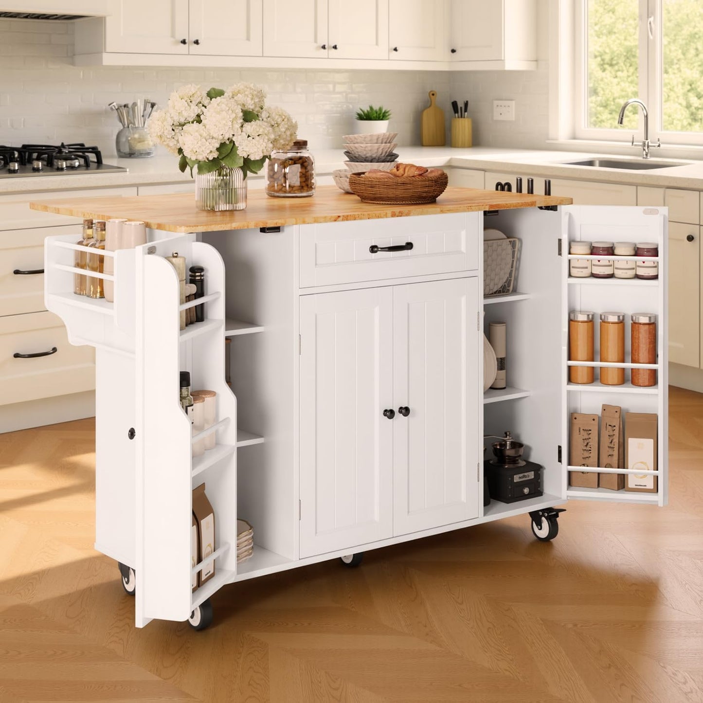Kitchen Island with Storage, 47.6" Rolling Kitchen Island on Wheels with Drop Leaf, Door Cabinet, Drawer, Spice Rack, Towel Rack and Knife Holder, Kitchen Cart Island Table for Kitchen, White