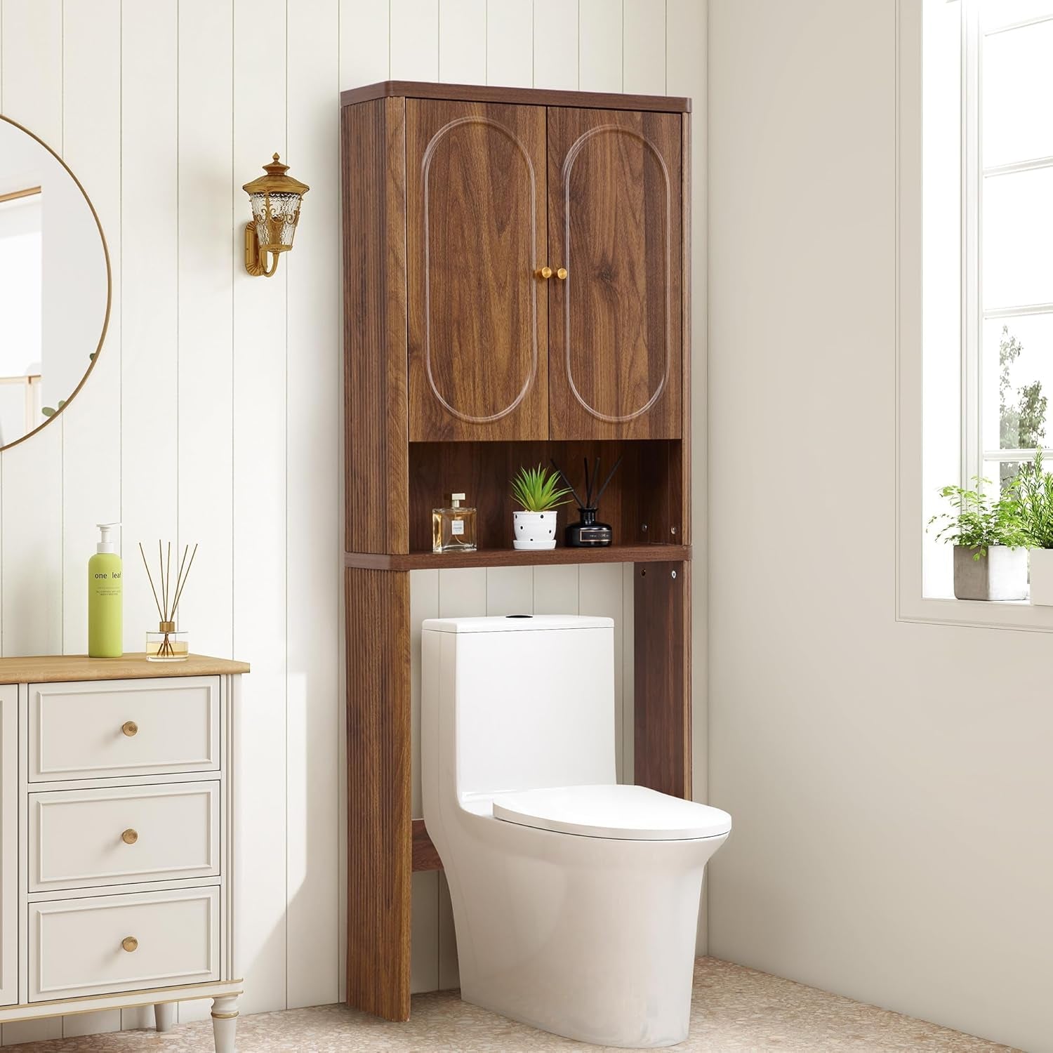 Fluted over the Toilet Storage Cabinet, Bathroom Toilet Storage Cabinet with Door, Wood Curved over the Toilet Space Saver Cabinets for Restroom Bathroom, Black