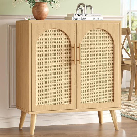 Rattan Buffet Cabinet with Storage, Boho Buffet Table with Adjustable Shelf and Solid Wood Legs, Accent Sideboard with Doors, Floor Cabinet for Kitchen, Dining Room and Living Room, Natural