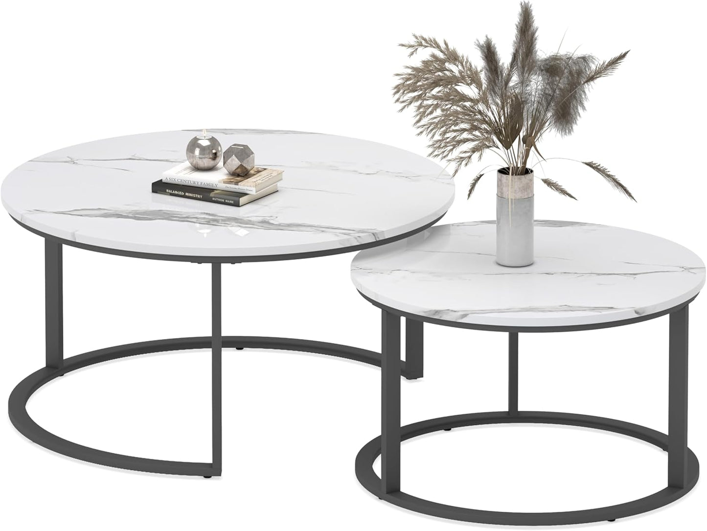 Set of two round nesting coffee tables with faux white marble top, view 9