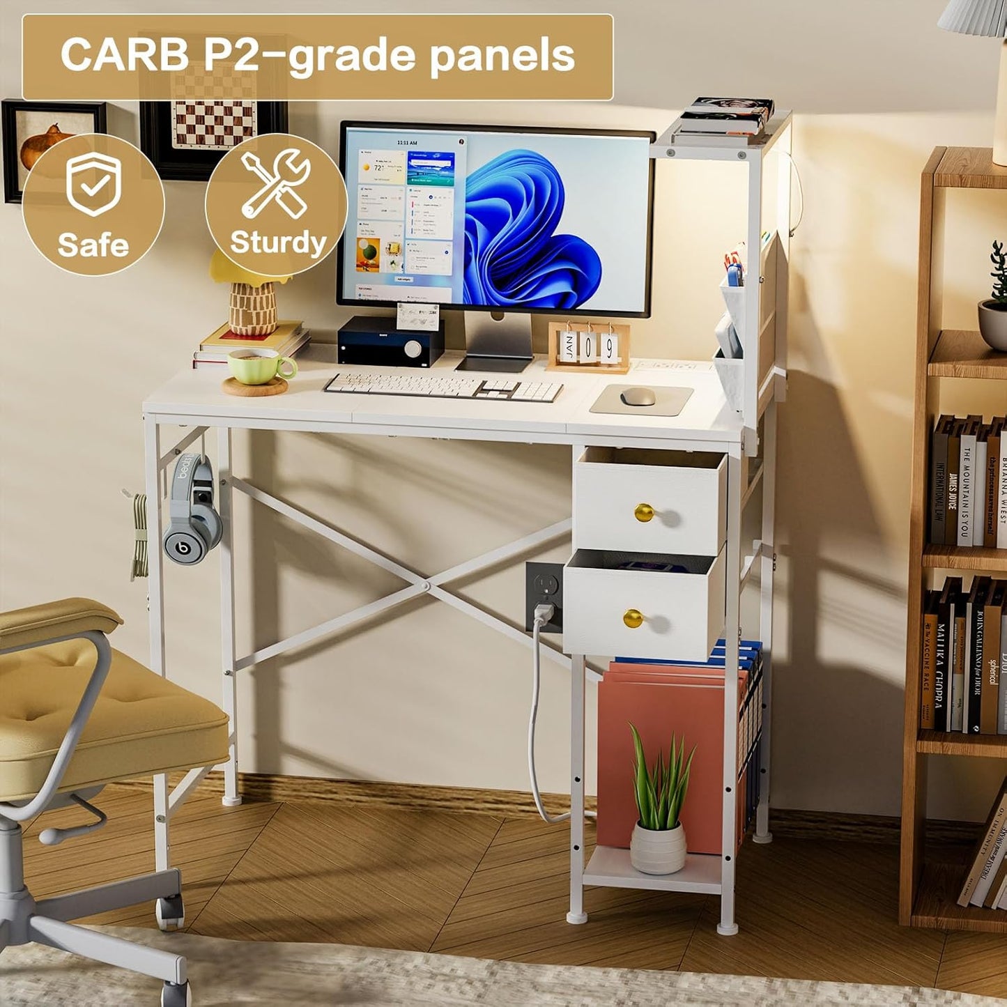 33.7" Computer Desk with Power Outlets, LED Lights & 2 Drawers, Small Office Desk with Storage Bag & Hooks, Gaming Desk for Bedrooms or Home Office, Compact Study Desk for Small Spaces,White