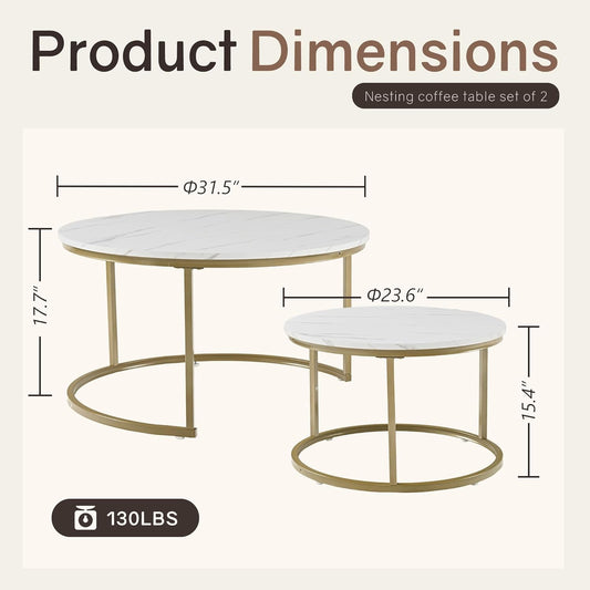 Nesting Tables Set of 2, 31.5" round Coffee Table, Small Nesting Coffee Table with Adjustable Non-Slip Fee, White Marble Top Stack Nesting Tables Set of 2 for Living Room, Bedroom (White)