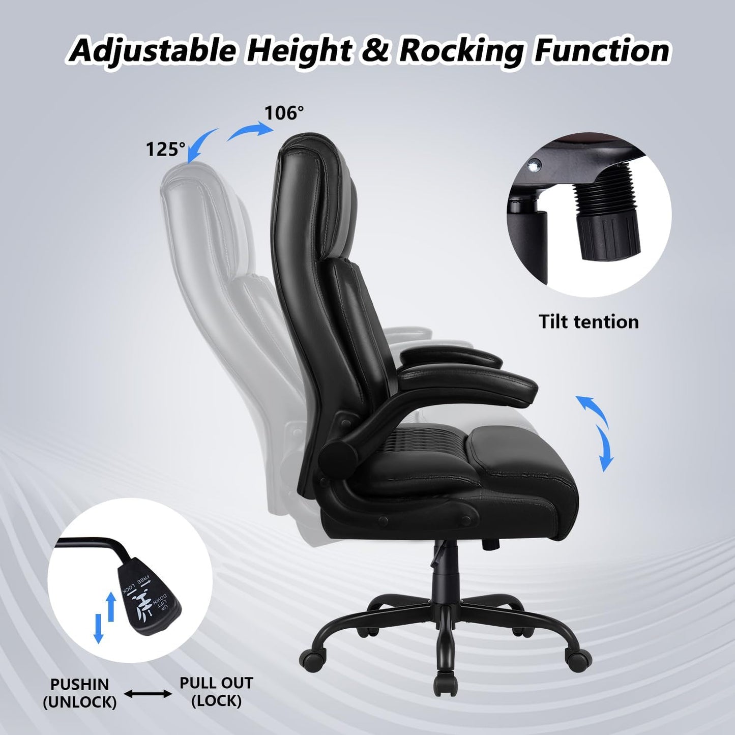 Big and Tall Office Chair, Ergonomic Leather Office Computer Desk Chair, Black Heavy Duty Office Chair with Flip-Up Armrest, Comfortable High Back Home Chair 400 LBS with Lumbar Support