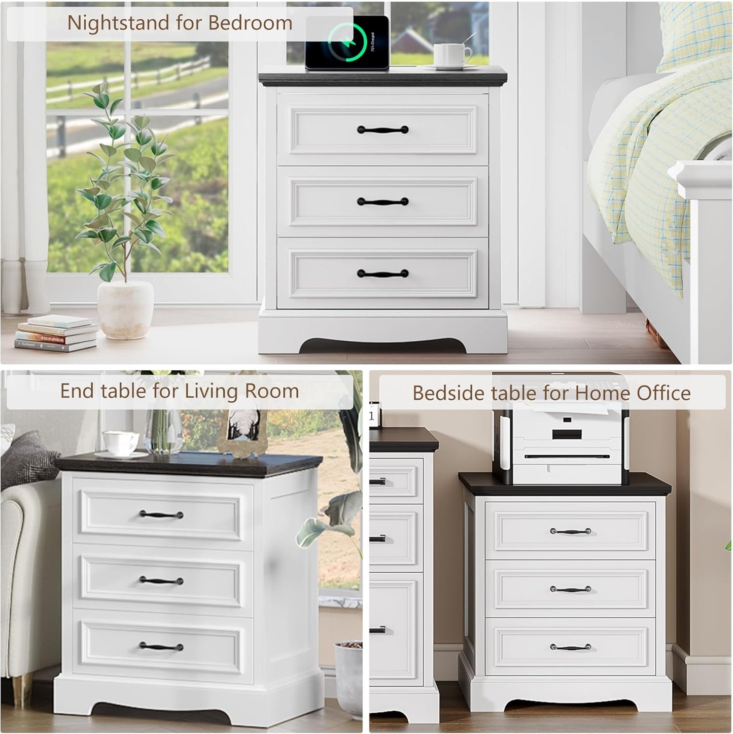 21.7W Farmhouse Nightstand Set of 2 with Charging Station,White End Table with 3 Drawers Storage,Wood Night Stand Side Table,Modern Bedside Cabinet for Bedroom Living Room,Dresser for Small Place (2)
