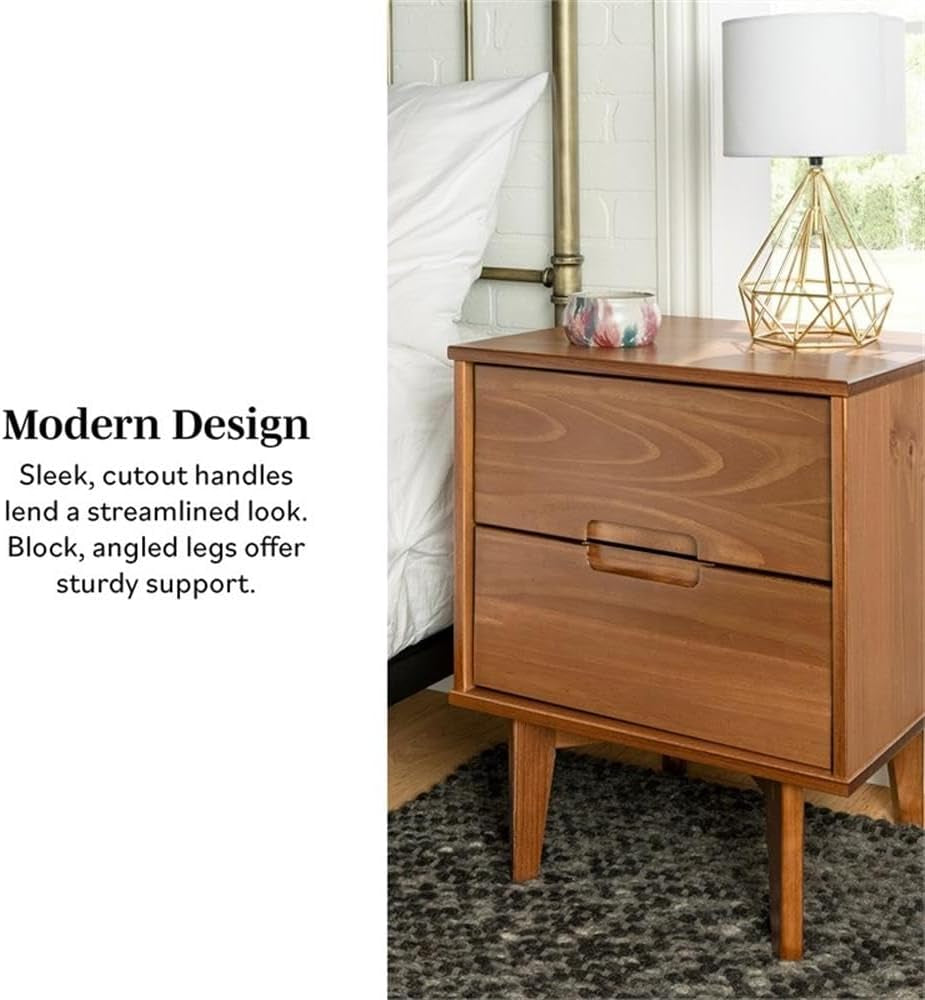 Mid Century Modern Grooved Handle Wood Nightstand Side Table Bedroom Storage Drawer and Shelf Bedside End Table, 2 Drawer, Caramel