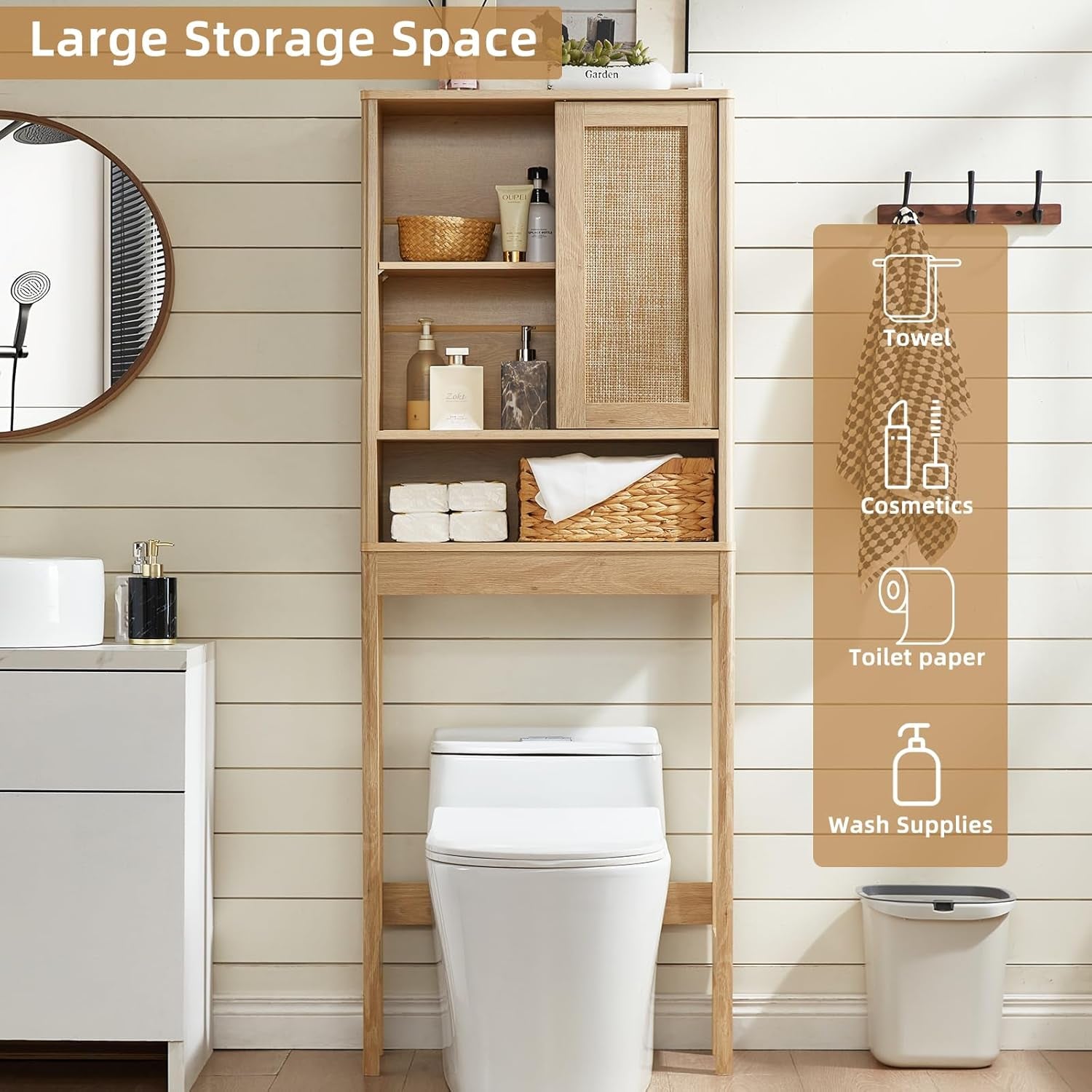over the Toilet Storage Cabinet with Rattan Sliding Door, 68" Tall Wood above Toilet Bathroom Organizer W/Adjustable Shelf & Curved Profile, Space Saver Freestanding Washer Shelf
