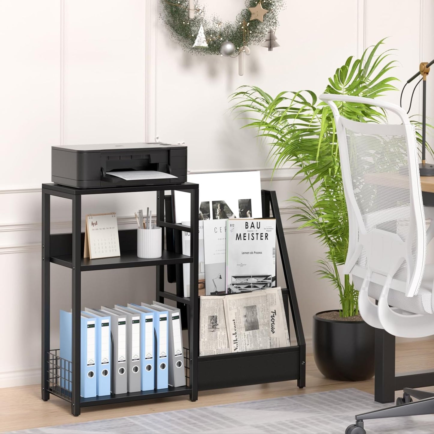 Black industrial three tier record player stand with vinyl storage, view 8