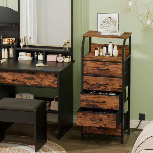 5 Drawers Dresser with Charging Station, Tall Night Stand with Storage Shelf, Fabric Chest of Drawers, Bedside Table for Closet, Entryway, Bedroom Furniture, 3 Ways to Use, Rustic Brown