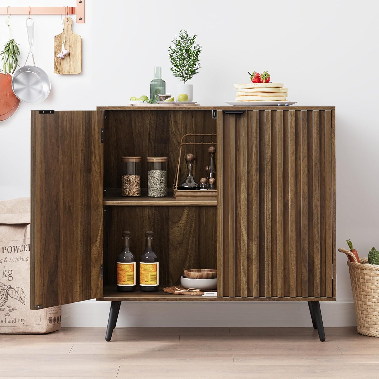 Fluted Sideboard Cabinet, Freestanding Walnut Buffet Cabinet with Adjustable Shelf, Wood Storage Cabinet for Living Room, Entryway, Hallway