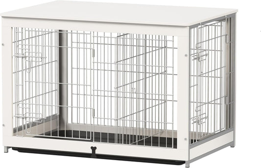 Wooden Dog Crate Furniture with Divider Panel, Dog Crate End Table with Fixable Slide Tray, Double Doors Dog Kennel Indoor for Dogs(M:31.8" L*22.1" W*26.3" H,White)