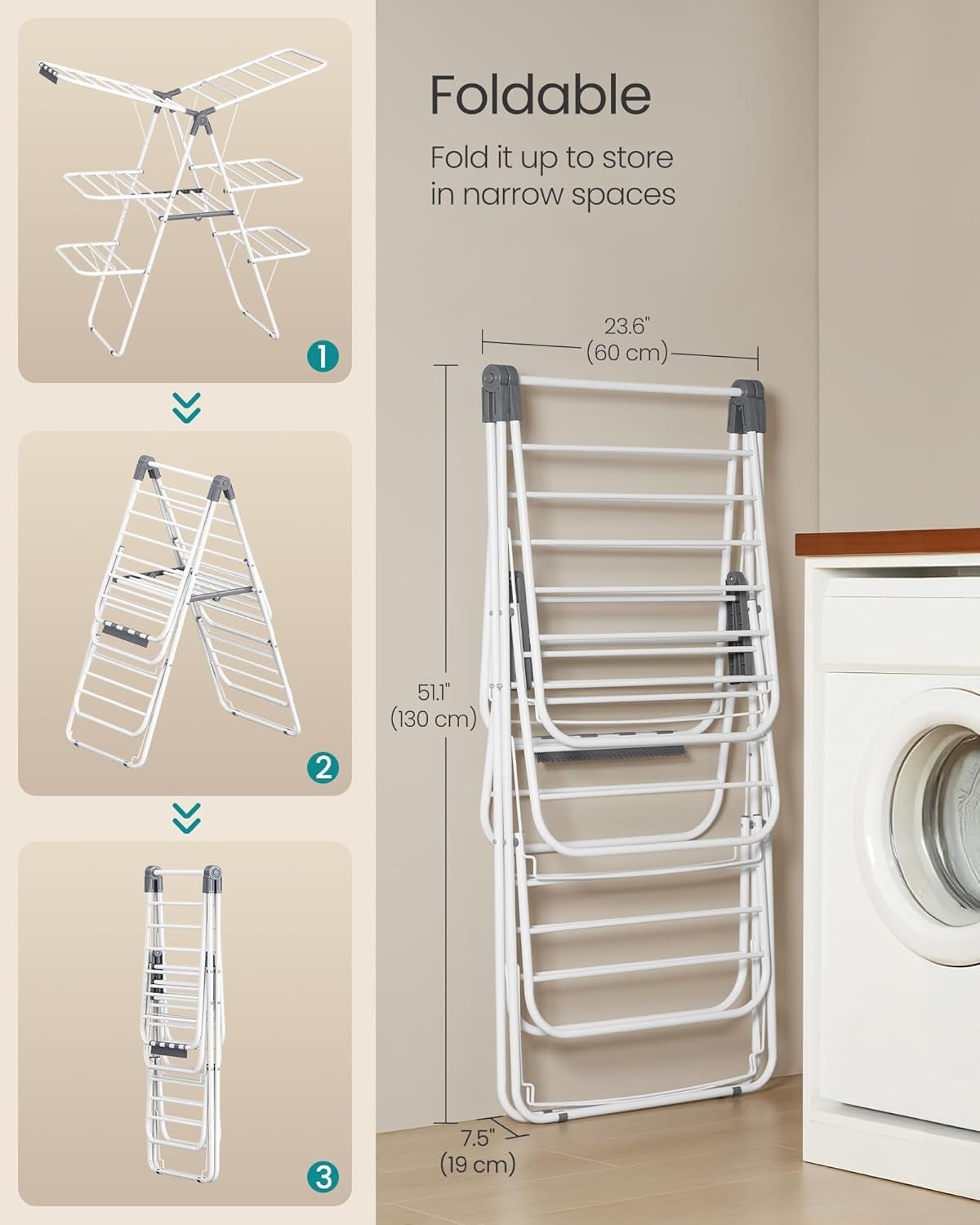 Clothes Drying Rack, Foldable 3-Level Laundry Rack, Free-Standing Large Drying Rack, with Height-Adjustable Wings, 39 Drying Rails, Sock Clips, White and Gray ULLR054W01