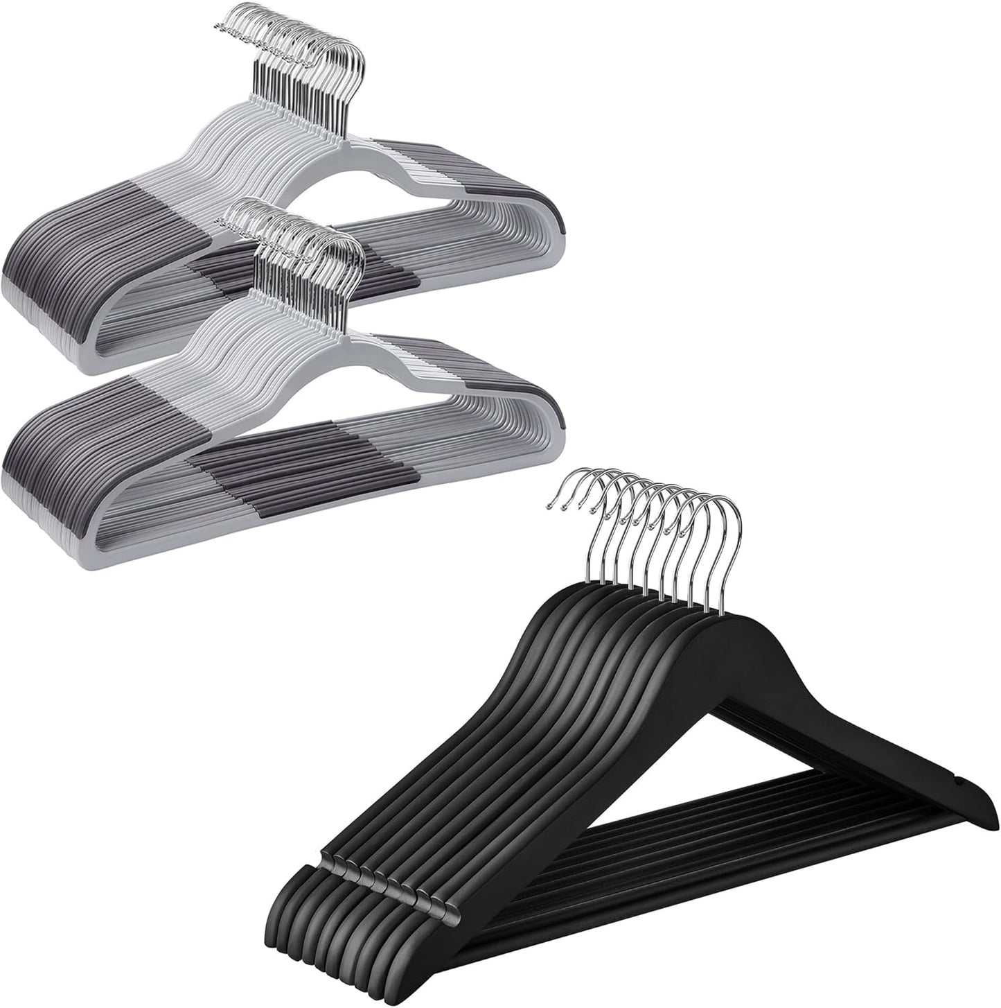 Plastic Hangers and Rubber Coated Wooden Hangers Bundle, Pack of 30 Hangers with Non-Slip Design, 20-Pack Clothes Wood Hangers, Gray, Silver and Black UCRP20G30 and UCRW011B02
