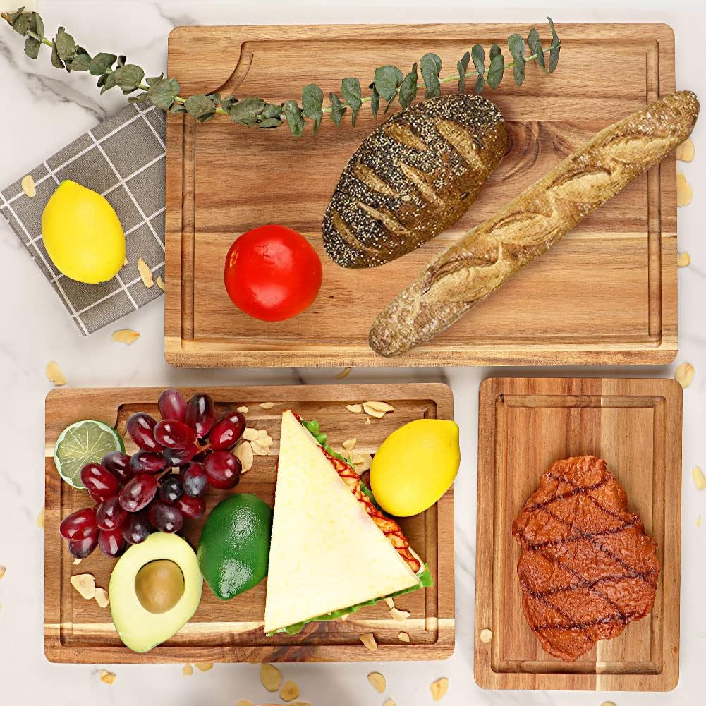 Acacia Wood Cutting Board Set with Juice Groove (3 Pieces), Organic Wooden Cutting Boards for Kitchen, Butcher Block Cutting Board for Meat, Vegetable, Wooden Chopping Board 15X10, 12X8, 9X6 Inch