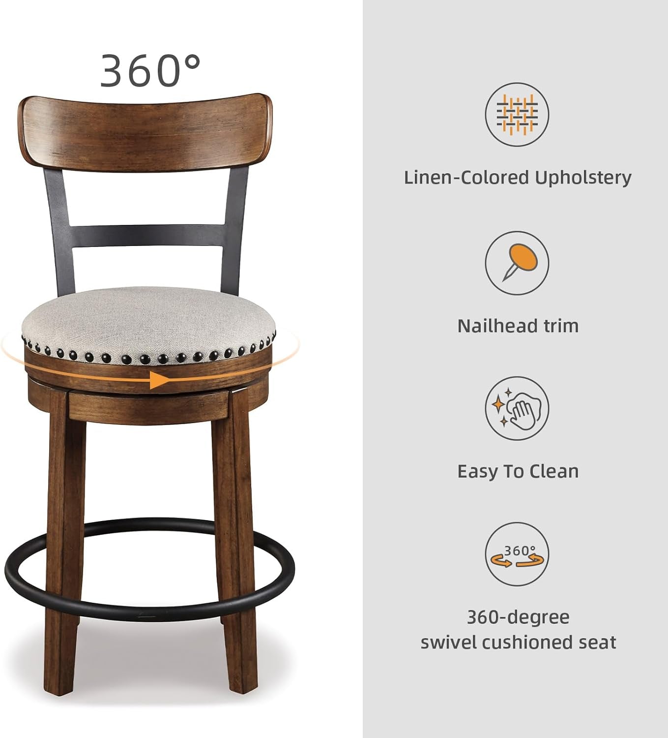 Valebeck Rustic Farmhouse 24.5” Counter Height Swivel Bar Stool, Brown