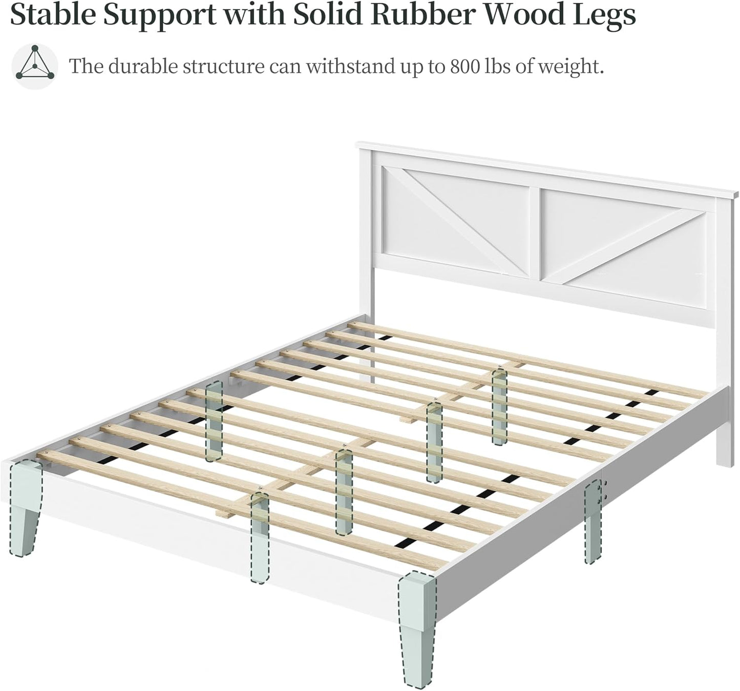 Wood Bed, Rubber Wood Platform Bed Frame with Headboard/Wood Slats, Farmhouse Style, No Box Spring Needed, Mattress Foundation, Noise-Free, Easy Assembly, Queen Size, White