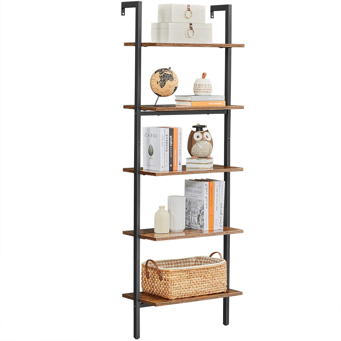 Industrial Ladder Shelf, 5-Tier Bookshelf, Wood Wall Mounted Shelf, Storage Rack Display Shelves for Living Room, Home Office, 23.6 X 11.8 X 67.7 Inches, Rustic Brown and Black ULLS102B01