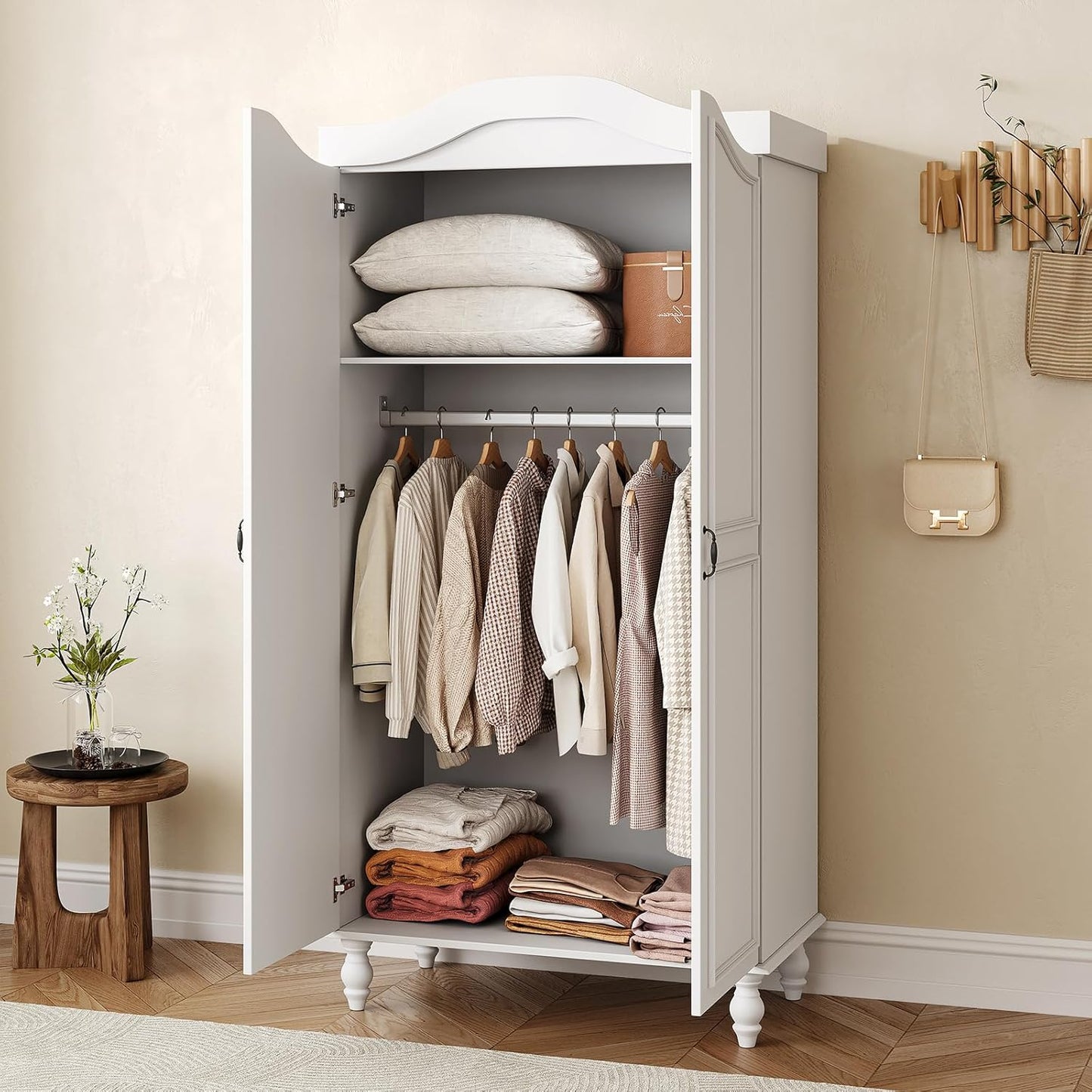 Arched Armoire Wardrobe Closet with 2 Doors, 71" H Wooden Wardrobe Cabinet with Hanging Rod and Shelves, Freestanding Armoire Storage Cabinet for Bedroom, Cloak Room, White