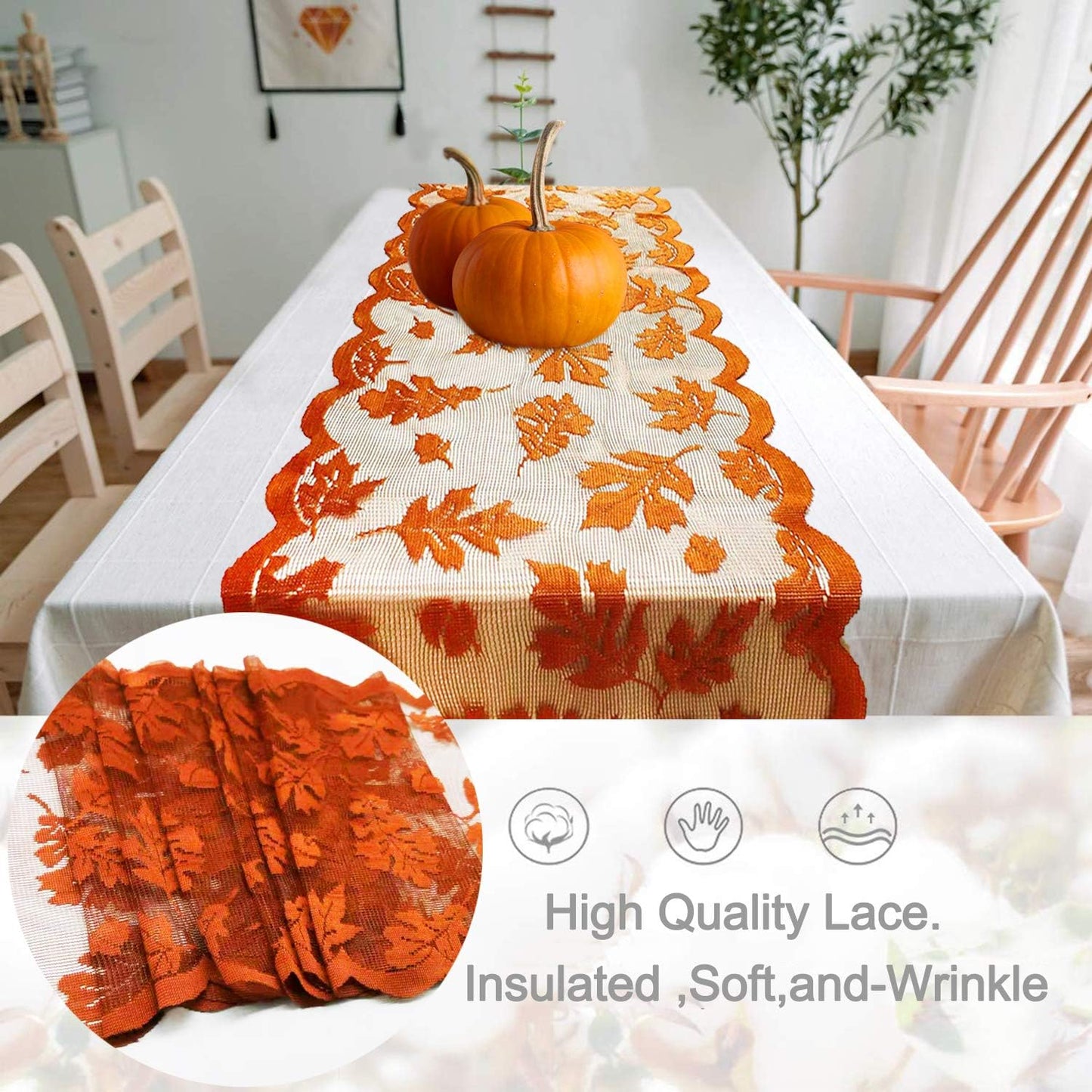 Fall Table Runner Thanksgiving Fall Decorations for Home 13 X 72 Inch Maples Leaves Table Runner Autumn Harvest Orange Lace Runners Thanksgiving Decorations for Tables Kitchen Dining Party (Brown)