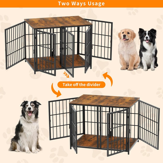 Heavy Duty Dog Crate Furniture: 70Inch Extra Large Unlimited Connected TV Stand Style Dog Cages with Removable Divider - Indoor Decorative Wood Table Top Metal Dog Kennels with One to Four Rooms