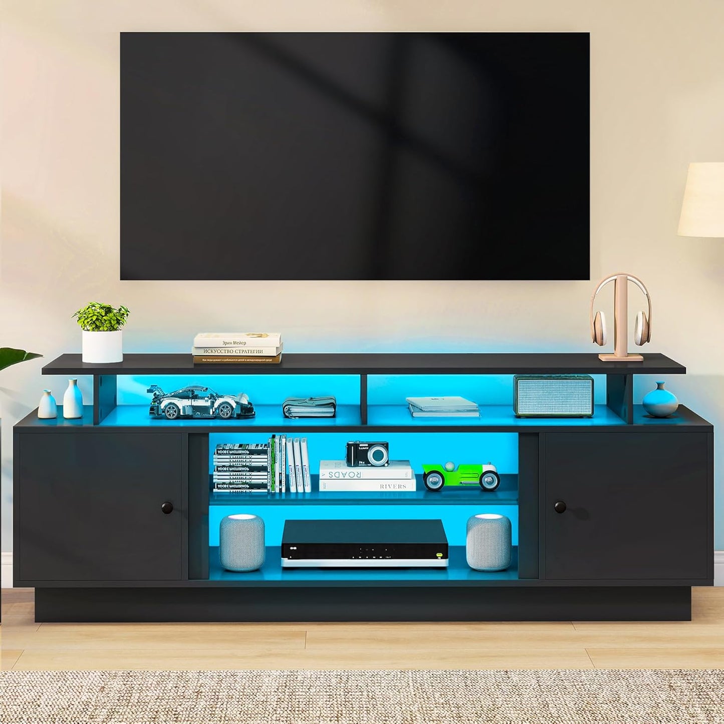 Modern TV Stand with LED Lights for up to 80 Inch Tvs, Entertainment Center with Storage Cabinets & Movable Partition for Living Room (Black)