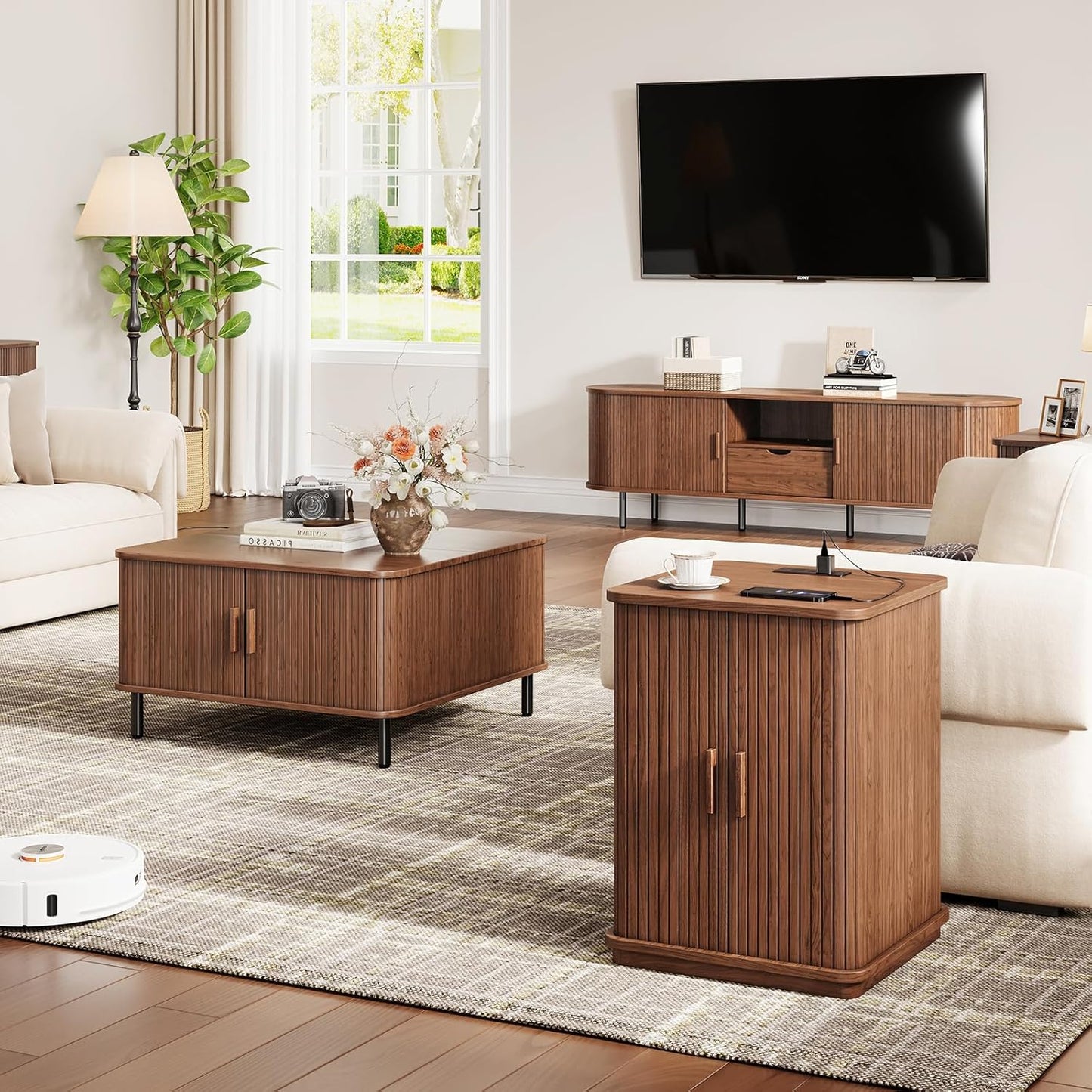 Square End Table with Storage & Charging Station, Fluted Accent Side Table with Sliding Door & Sturdy Pedestal, Mid-Century Modern Nightstand for Small Space, Living Room, Bedroom, Walnut