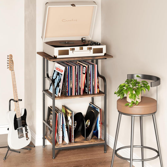 Record Player Stand, 3-Tier Record Player Table, Vinyl Record Storage with Extra-Large Desktop, Turntable Stand End Table for Vinyl Record, Record Holder for Living Room - Rustic Brown
