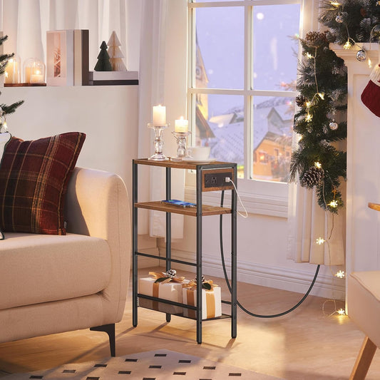 Small Narrow Side Table with Charging Station, Skinny End Table for Small Spaces, Slim Nightstand with USB Ports Outlet, Sofa beside Table with Storage Shelf, Rustic Brown and Black BF102UBZ01