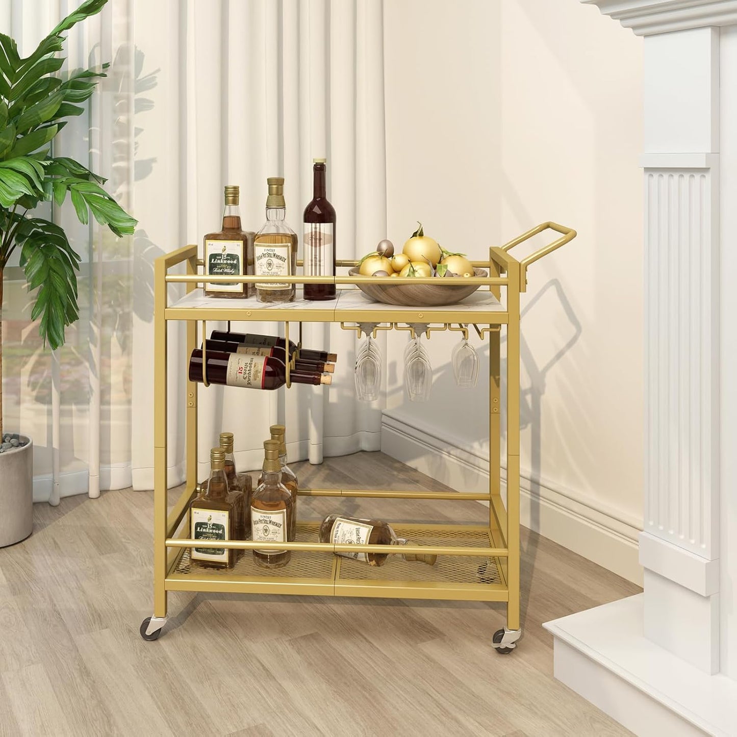 Bar Cart, Two-Color Home Bar Serving Cart, Mobile Drink Beverage Cart with 2 Storage Shelves, Rolling Kitchen Cart with Wine Holder and Glass Holder, for Dinning Room, Living Room, Kitchen