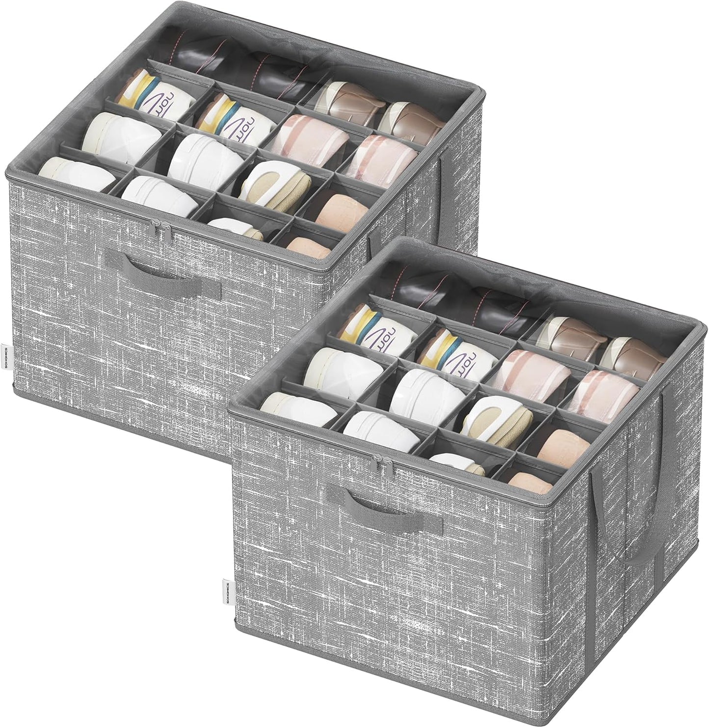 Set of 2 Shoe Organizers for Closet, Fits 16 Pairs Each, Shoe Storage Bins, Fabric Containers with Handles and Clear Cover, for Bedroom, Entryway, Closet, Cattail Gray ULSP602G01