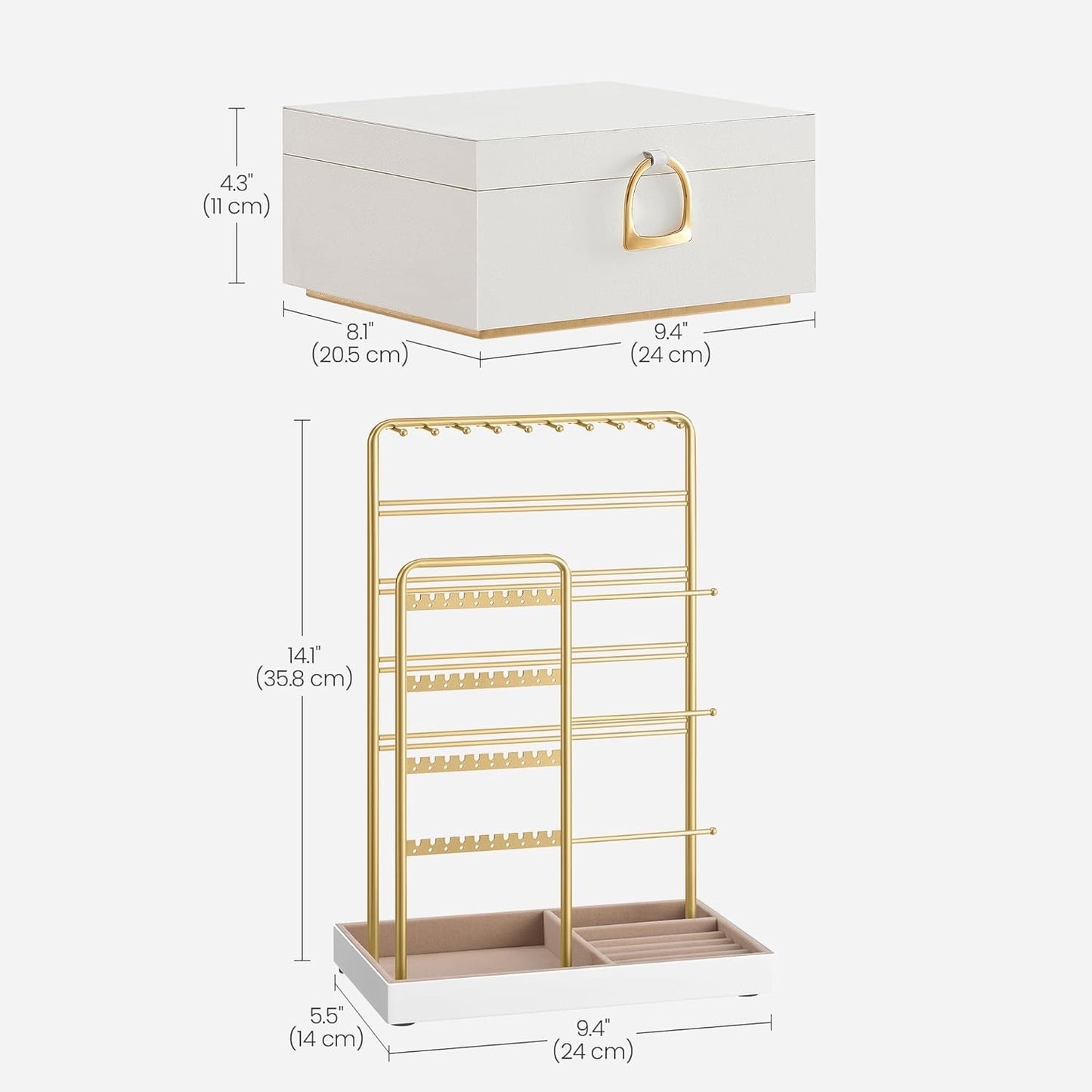 2-Layer Jewelry Box Bundle with Jewelry Holder, Jewelry Organizer with Handle, Floating Effect, Jewelry Display Stand with Metal Frame, White and Pale Gold UJBC165W01 and UJJS028A01