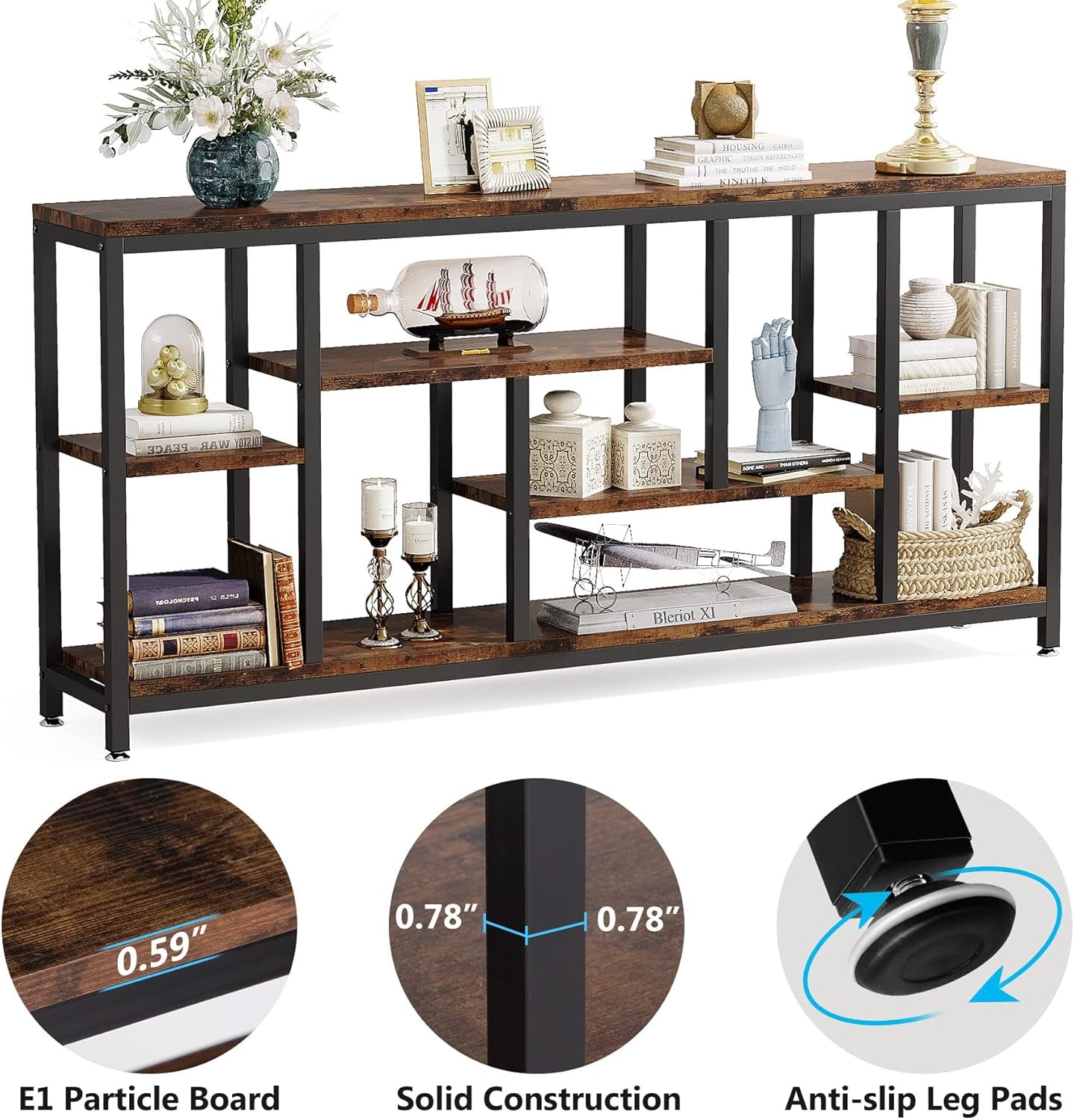 Console Sofa Table, 70.9 Inch Extra Long Table behind Couch with Storage Shelves, 3-Tier Industrial Narrow Entryway Hallway Accent Table for Living Room, Rustic Brown