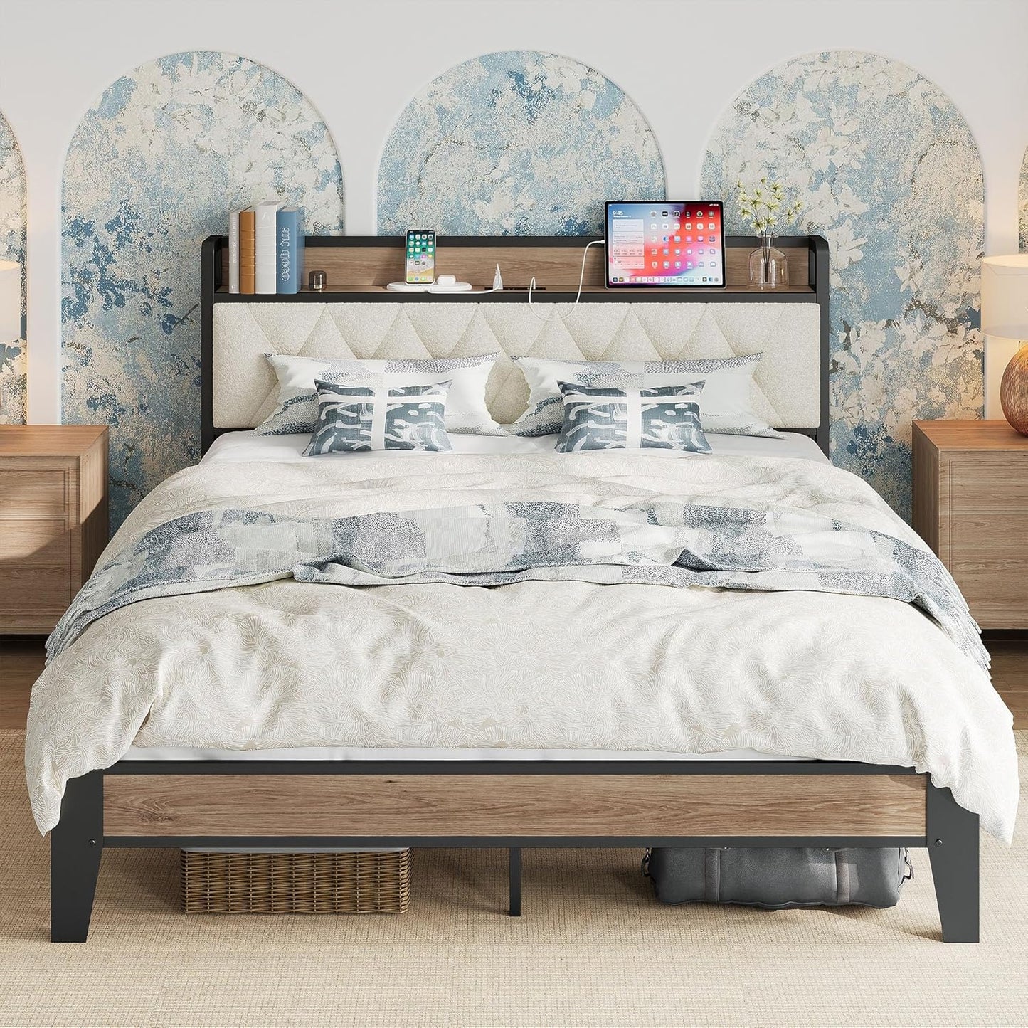 Queen Bed Frame, Storage Headboard with Charging Station, Platform Bed Frame with Strong Metal Support, Sturdy and Stable, Noise Free, No Box Spring Needed, Easy Assembly
